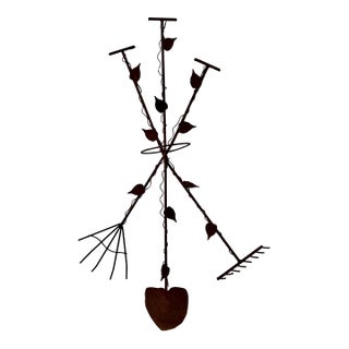 Wrought Iron Wall-Mounted Plant Holder With Garden Tools and Leaves For Sale