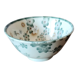 Decorative 20th Century Japanese Green Floral Rice or Noodle Bowl ~ 5 3/8"d