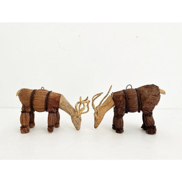 Folk Art Vintage Carved Wood & Straw Deer Ornaments - a Pair For Sale - Image 3 of 7