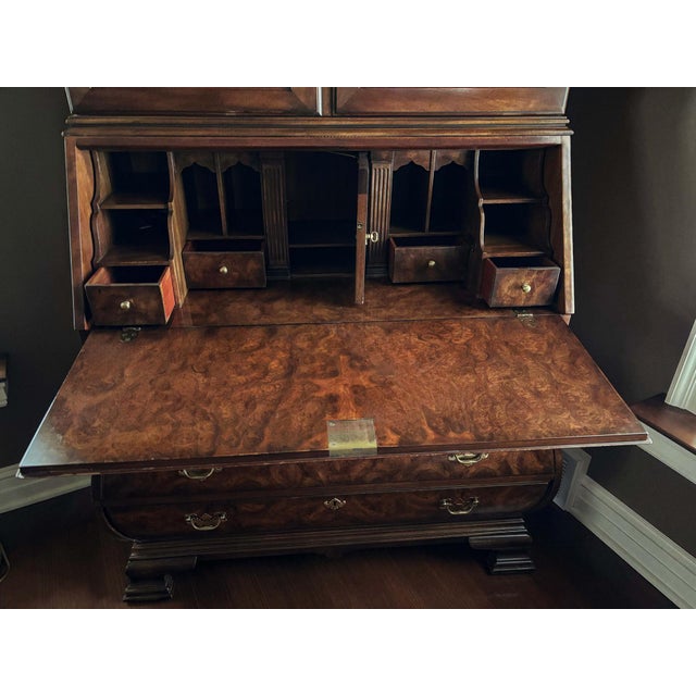 Wood 1980s Heritage Heirloom Chippendale Style Burled Walnut Bombe Secretary Desk Bookcase For Sale - Image 7 of 10