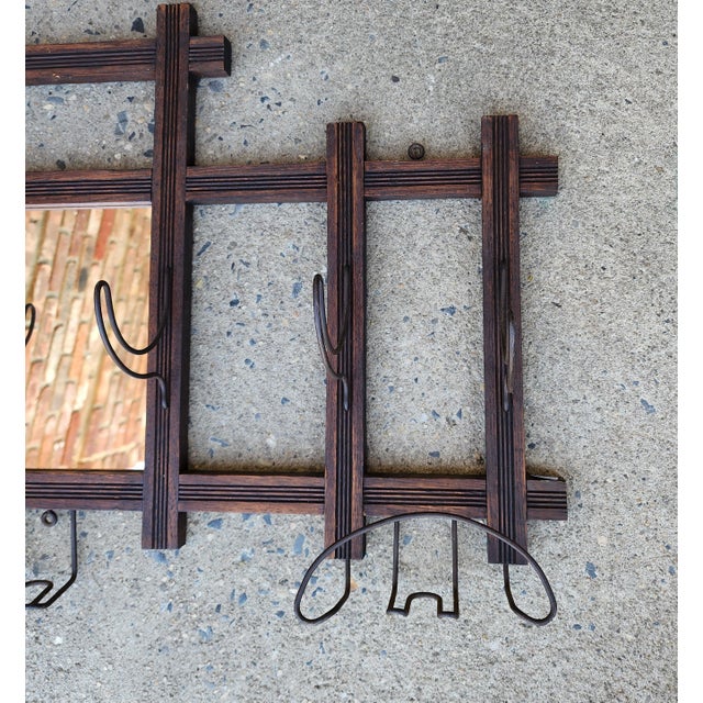 Antique Arts & Crafts Wall Coat Rack With Mirror and Hooks For Sale - Image 15 of 17