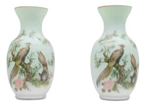 Vintage Italian Opaline Glass Hand Painted Vases, 1960, Set of 2