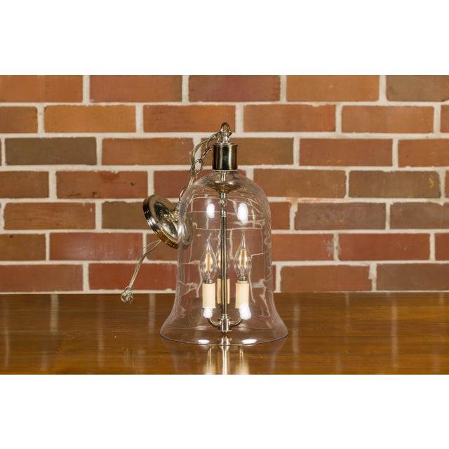 Mid 20th Century English Midcentury Nickel Light Fixture with Three Arms and Glass Bell For Sale In Atlanta - Image 6 of 12