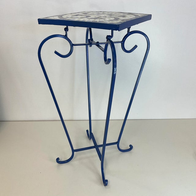 Blue 1980s Vintage Outdoor Garden Mosaic Tile Drinks Table, Newly Painted For Sale - Image 8 of 9