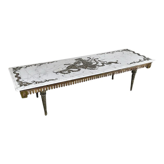 Vintage Italian Neoclassical Etched Marble and Gilt Brass Low Coffee Table For Sale