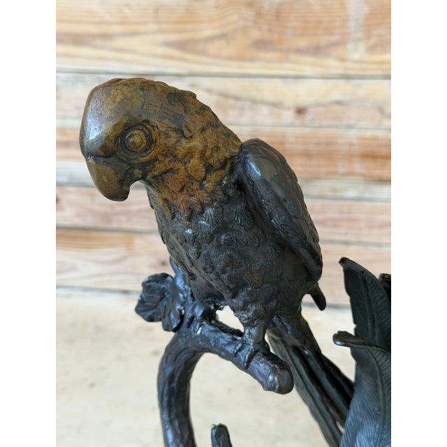 Art Deco Large Sculptural Tropical Parrot Figure | Patinated Bronze-Tone Bird Sculpture For Sale - Image 3 of 12