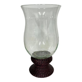 Vintage Hurricane Globe Candleholder With Dark Brown Woven Wicker Base Farmhouse, French Country, Rustic, Traditional Style For Sale