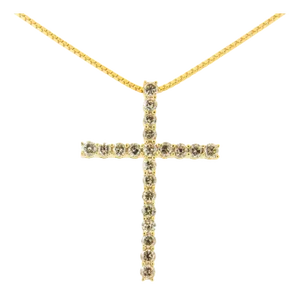 14K Yellow Gold Plated .925 Sterling Silver 1.0 Cttw Champagne Diamond Gold Cross Pendant Necklace for Women - 18 inch