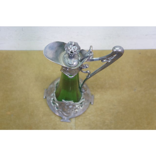 Late 19th Century Antique Art Nouveau German WMF Green Glass Pewter Claret Pitcher Jug For Sale - Image 5 of 15