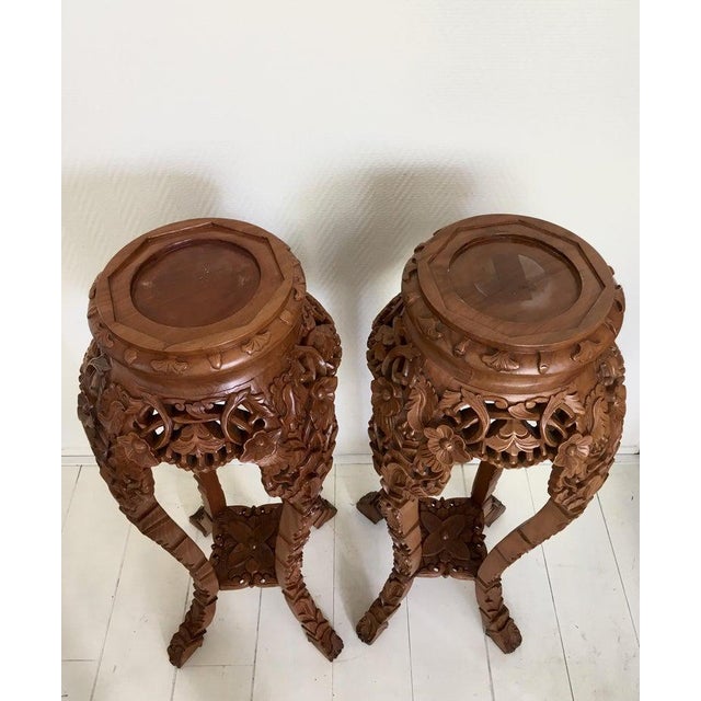 Wood Large Mid-Century Brown Hand Carved Plant Stands, Set of 2 For Sale - Image 7 of 10