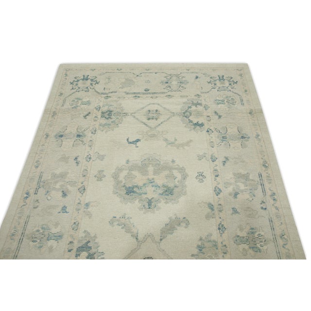 Early 21st Century Cream & Blue Floral Design Handwoven Wool Turkish Oushak Runner 4'10" X 9'8" For Sale - Image 4 of 7