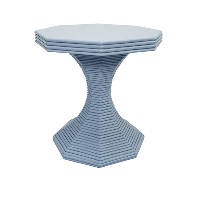 New special order item. Not vintage. OCTAGONAL RATTAN REEDED SIDE TABLE IN PAINTED LIGHT BLUE 23.5" H x 24.25" DIA *Rattan...
