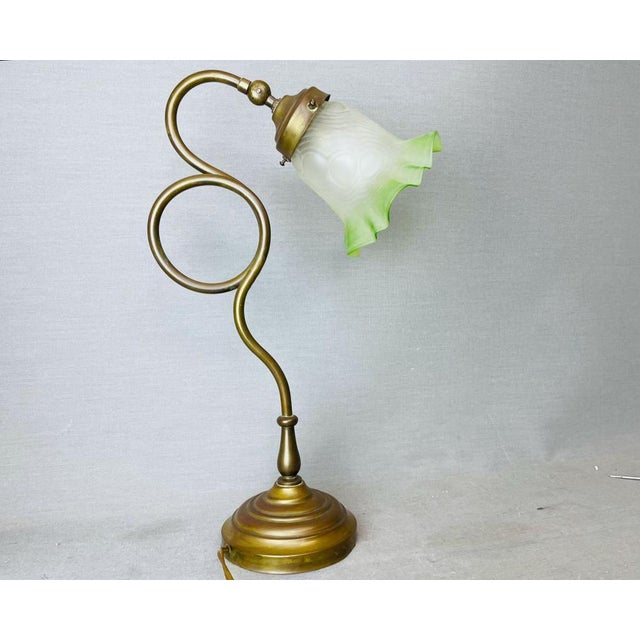 Portuguese Brass Table Lamp with Green Glass Tulip Shade, 1930s For Sale - Image 4 of 14
