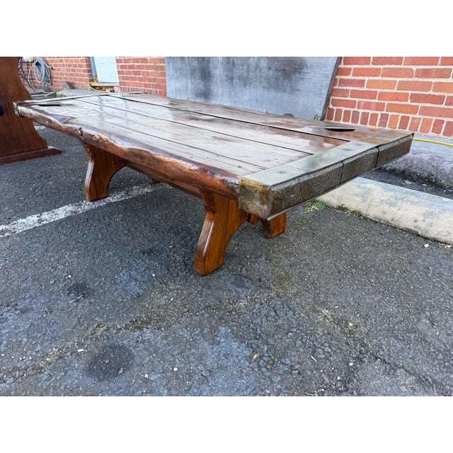 Vintage Farmhouse Rustic Style Liberty Ship Hatch Cover Trestle Base Coffee Table For Sale - Image 4 of 15