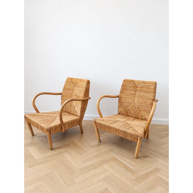 Textile Vintage Japanese Lounge Chairs in Wood and Woven Jute, 1970s, Set of 2 For Sale - Image 7 of 10