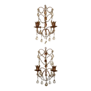 Vintage Italian Gilt Metal Candle Wall Sconces With Beaded Swags, Crystals and Clear Murano Drops - A Pair