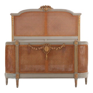 A French Louis XVI Style Carved, Painted and Giltwood Full Size Bed C 1900. For Sale