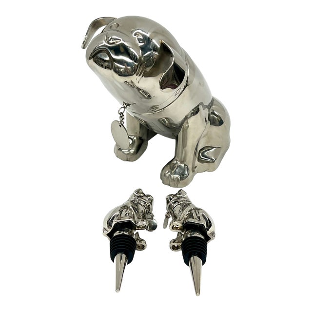 Pottery Barn Bulldog Cocktail Shaker and Bulldog Wine Stoppers (Stainless Steel) – Sculptural Bar Cart Statement Piece - 3pcs For Sale