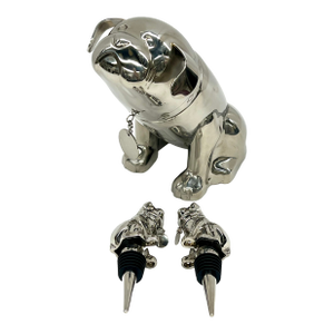 Pottery Barn Bulldog Cocktail Shaker and Bulldog Wine Stoppers (Stainless Steel) – Sculptural Bar Cart Statement Piece - 3pcs
