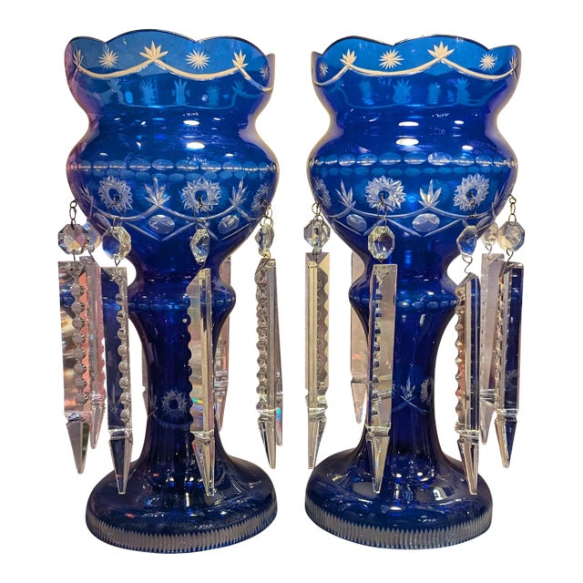 Cobalt Flashed Crystal Lusters- a Pair For Sale