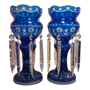 Cobalt Flashed Crystal Lusters- a Pair