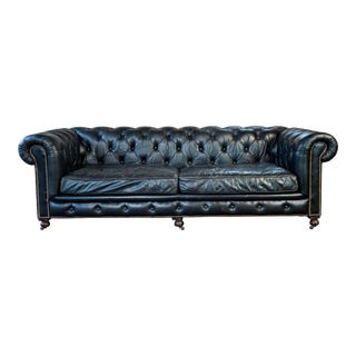 Restoration Hardware Ebony Leather Kensington Luxe Sofa For Sale