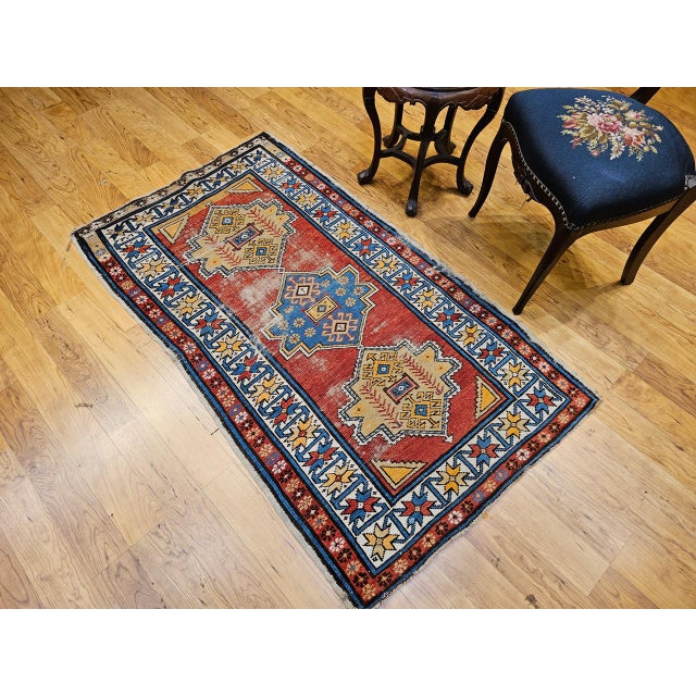 Red Vintage Handwoven Caucasian Kazak Rug, Geometric Pattern, Red & Ivory, 4' x 7' For Sale - Image 8 of 18