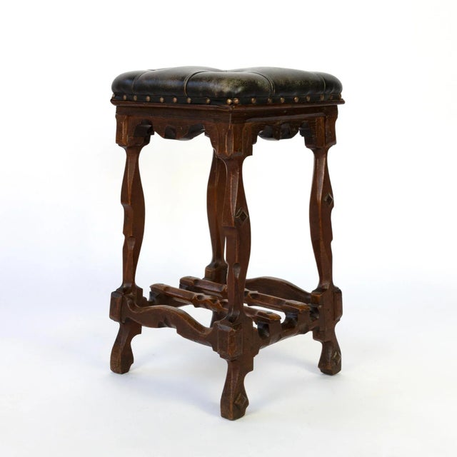 Brown Late 19th Century English Arts & Crafts Tufted Dark Leather Square Stool For Sale - Image 8 of 11