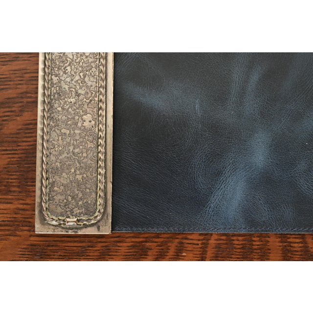 Metal Roycroft Arts & Crafts Silver Finished Hammered Copper Blotter Ends With Leather Desk Blotter For Sale - Image 7 of 14