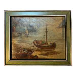 Antique Painting - European Lakeshore With Sailboats - Later 19th / Early 20th C