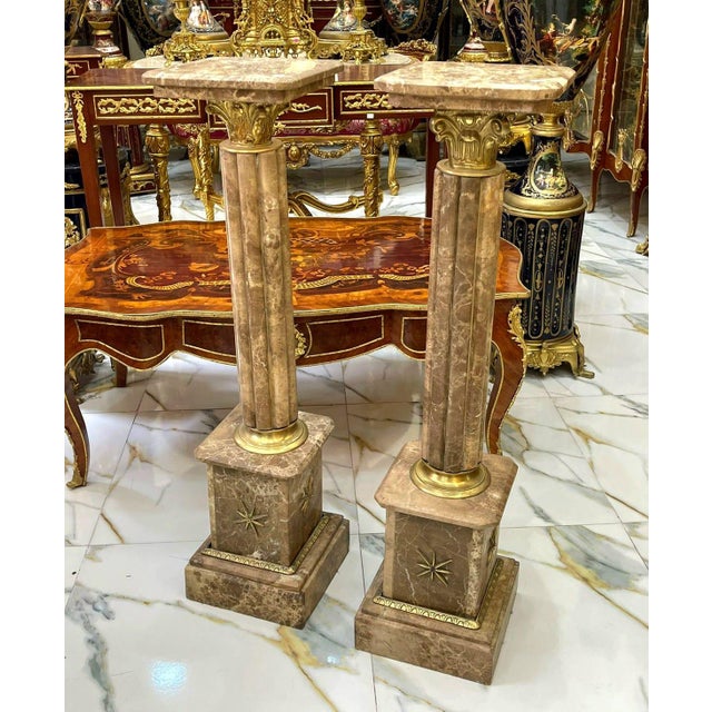 Rococo Style Pedestal Column Set – Marble Top Gold Leaf Pedestals For Sale - Image 4 of 4