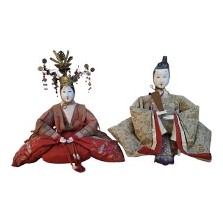 Antique Japanese Meiji Period Hina Emperor & Empress Gofun Dolls – Imperial Pair, 13–14 Inches For Sale