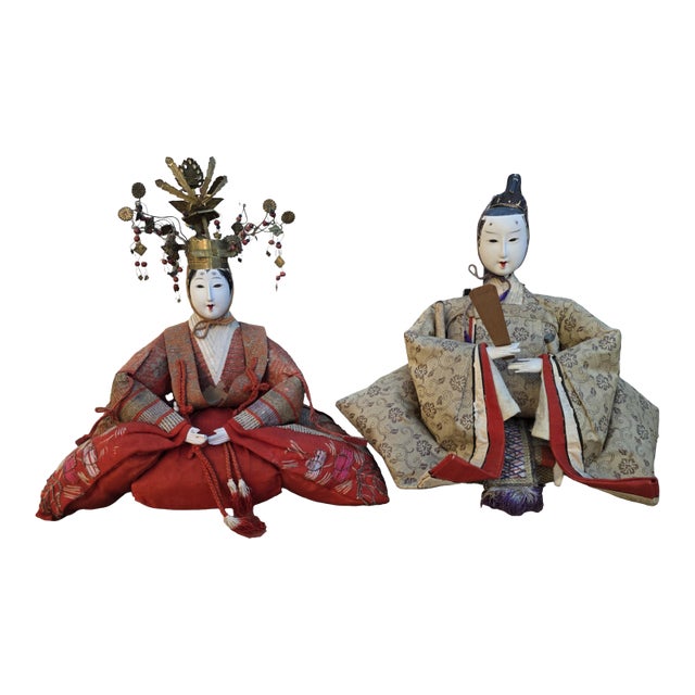 Antique Japanese Meiji Period Hina Emperor & Empress Gofun Dolls – Imperial Pair, 13–14 Inches For Sale