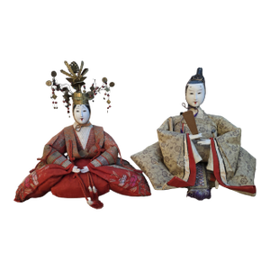 Antique Japanese Meiji Period Hina Emperor & Empress Gofun Dolls – Imperial Pair, 13–14 Inches