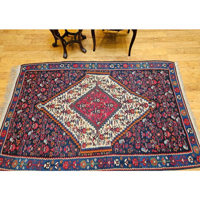 Mid 20th Century Vintage Persian Senneh Kilim Rug, Handwoven Wool & Cotton, Medallion Pattern, Navy & Ivory, 4x6 For Sale - Image 5 of 16