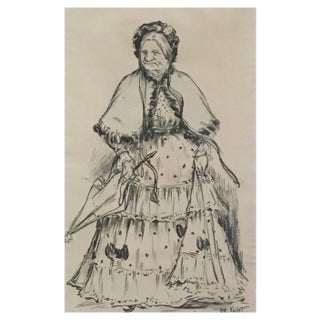 Edouard Eugène Vallet, La Mère Fénollan, La Mère marchande, Chinese Ink on Watercolor Paper, Framed For Sale
