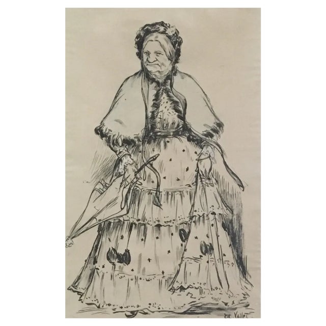 Edouard Eugène Vallet, La Mère Fénollan, La Mère marchande, Chinese Ink on Watercolor Paper, Framed For Sale