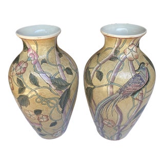 Vintage Matching Floral Bird Vases- a Pair For Sale