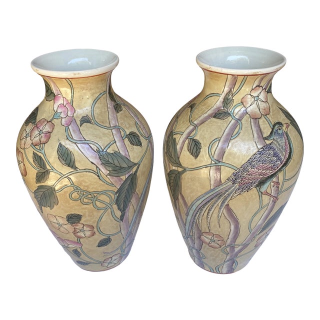 Vintage Matching Floral Bird Vases- a Pair For Sale