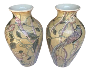 Vintage Matching Floral Bird Vases- a Pair