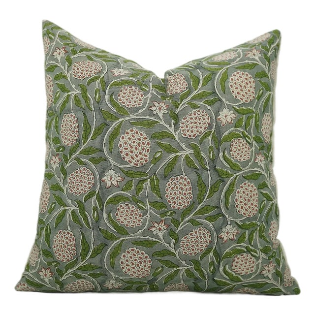 Fabdivine Pure Linen Handmade Block Print Throw Pillow Covers 14x14inches-Meraci Floral Design For Sale