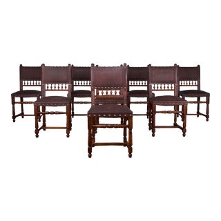 Antique French Renaissance Henry II Style Walnut and Leather Dining Chairs - Set of 8 For Sale
