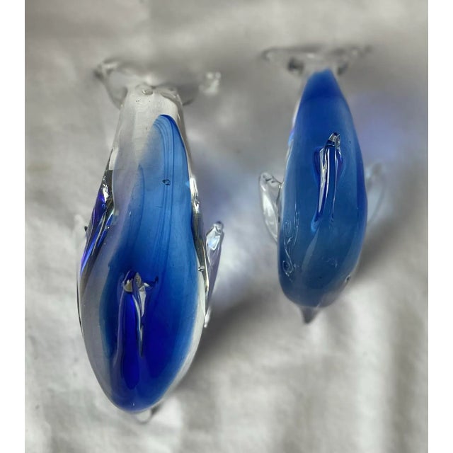 Blue Italian Murano-Style Blue Sommerso Art Glass Dolphin Sculptures, Graduated Pair For Sale - Image 8 of 9