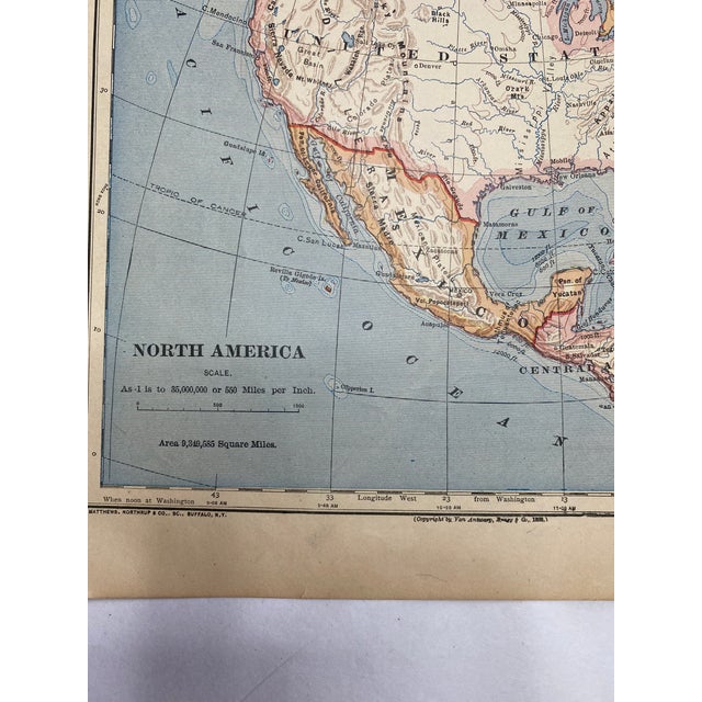 1883 map of North America measuring about 10.25” x 12.75” There is discoloration to paper consistent with age. Some wear...