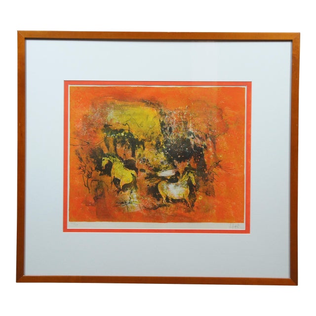 Hoi Lebadang 1960s Abstract Equestrian Pair of Horses Lithograph Print, Framed For Sale