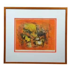Hoi Lebadang 1960s Abstract Equestrian Pair of Horses Lithograph Print, Framed
