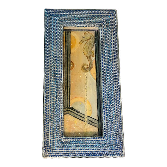 1970s Beverly Robert’s Seahorse Painting With Beaded Frame For Sale