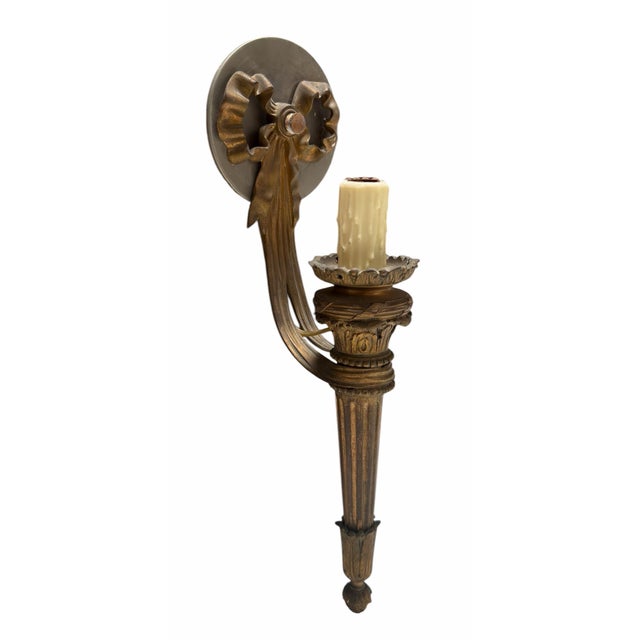 Pair of Antique Gilt Bronze Torchere Wall Light Sconces.