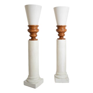 Plaster Columns and Wooden Lamps Vases, Set of 2 For Sale