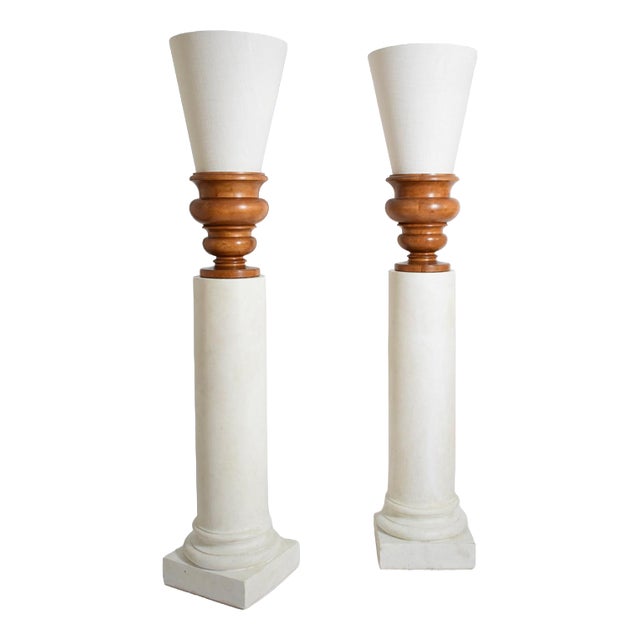 Plaster Columns and Wooden Lamps Vases, Set of 2 For Sale